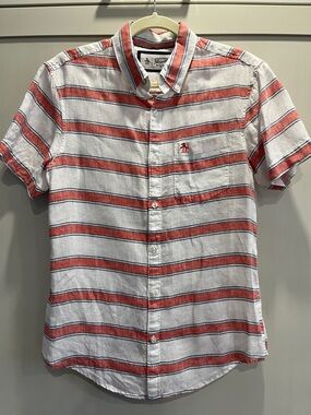 Original Penguin White Button-Down 100% linen Shirt with Red & denim blue stripe